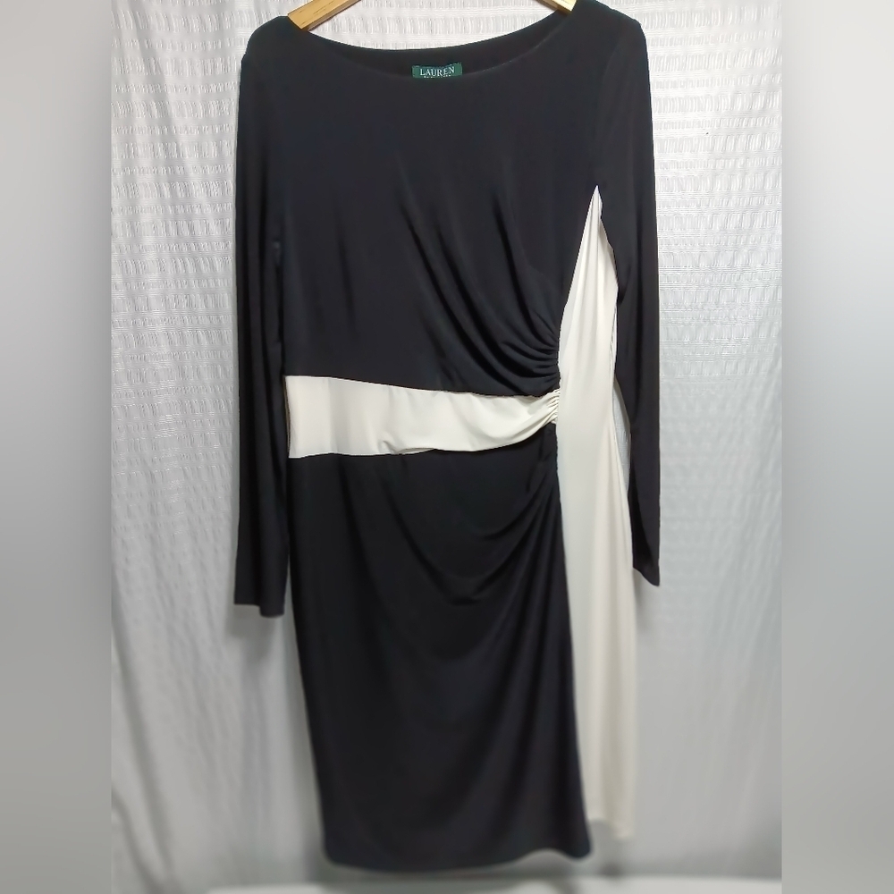 Lauren Ralph Lauren Black and Cream Long-Sleeve Draped Dress